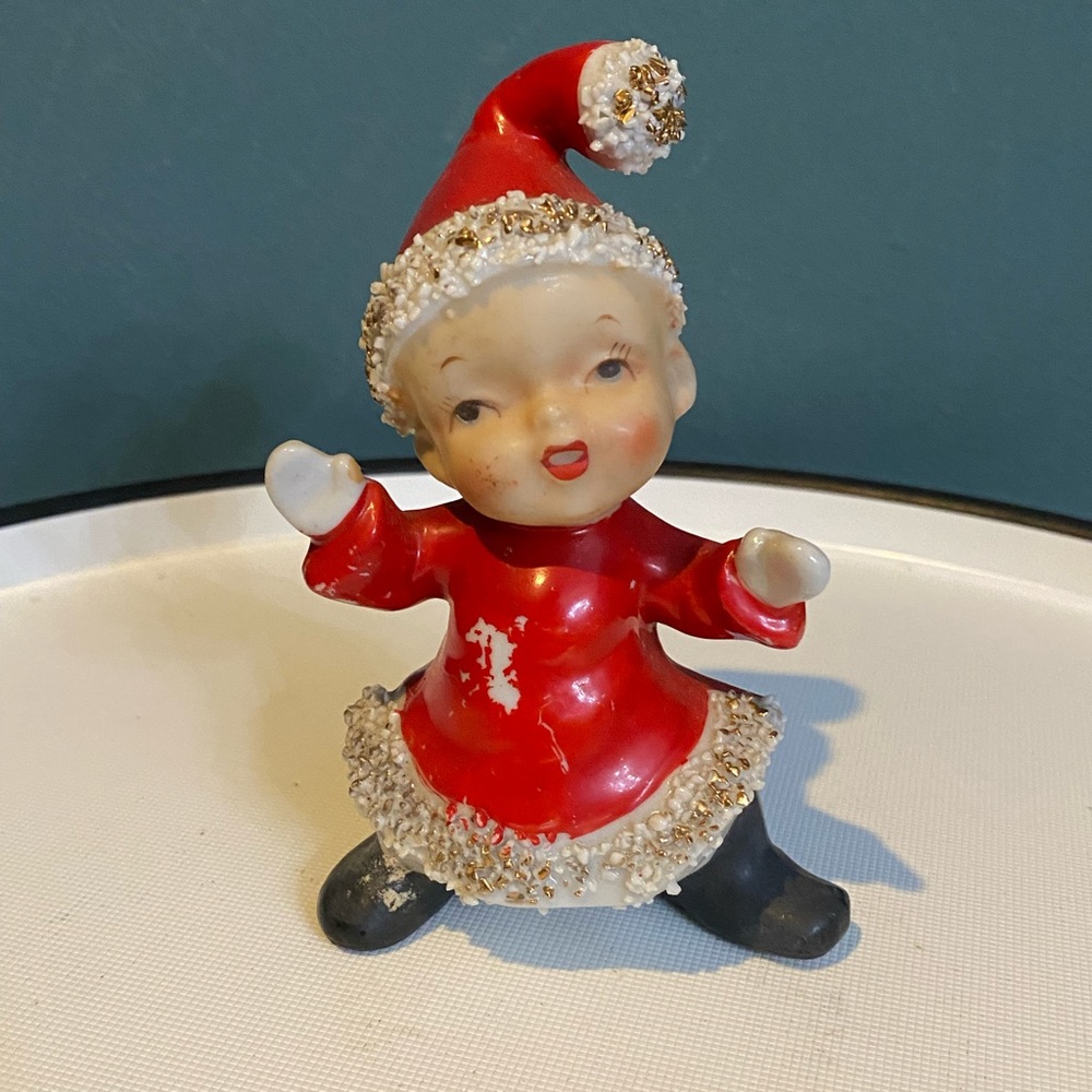 Vintage Christmas UCAGCO Pixie Elf Girl Holy Howard Era Spaghetti Trim Kitschy